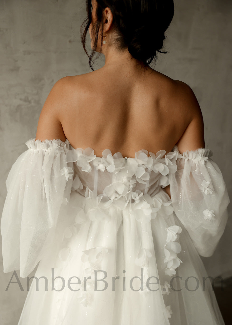 Rustic A Line Off The Shoulder Floral Tulle Wedding Dress - AmberBride