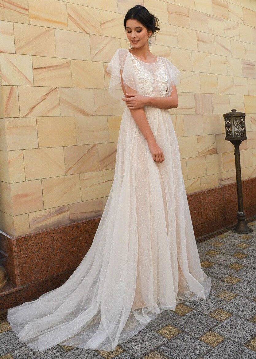 Rustic A Line Short Cape Sleeve Satin And Tulle Wedding Dress - AmberBride
