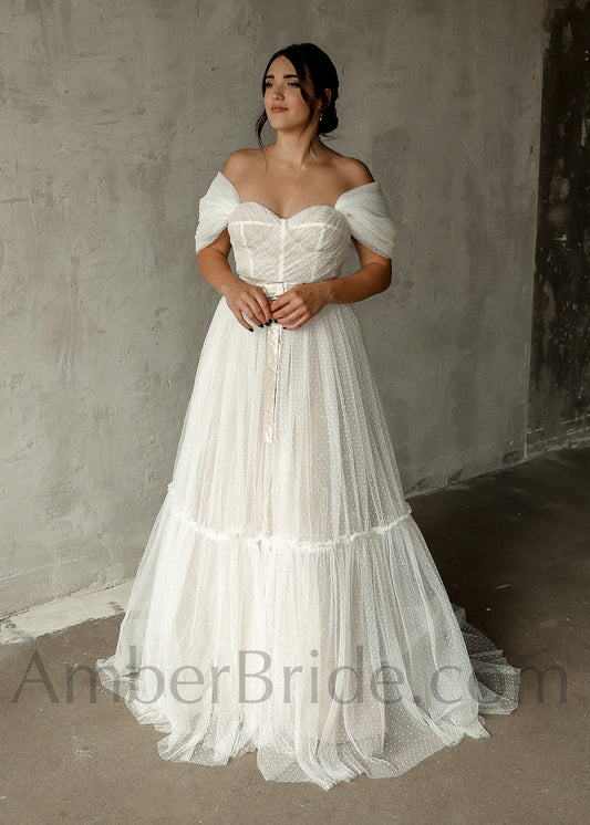 Rustic Ball Gown Country Style Off The Shoulder Tulle Wedding Dress - AmberBride