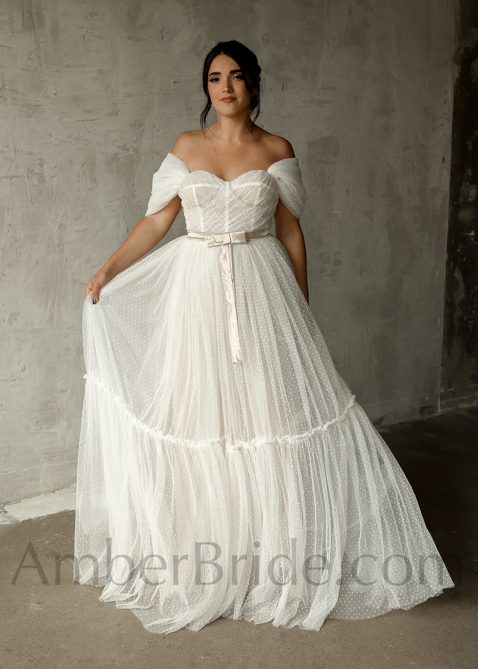 Rustic Ball Gown Country Style Off The Shoulder Tulle Wedding Dress AmberBride