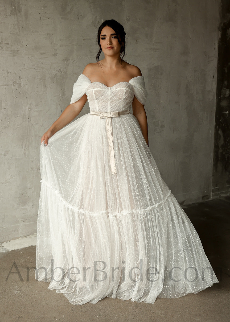 Rustic Ball Gown Country Style Off The Shoulder Tulle Wedding Dress - AmberBride