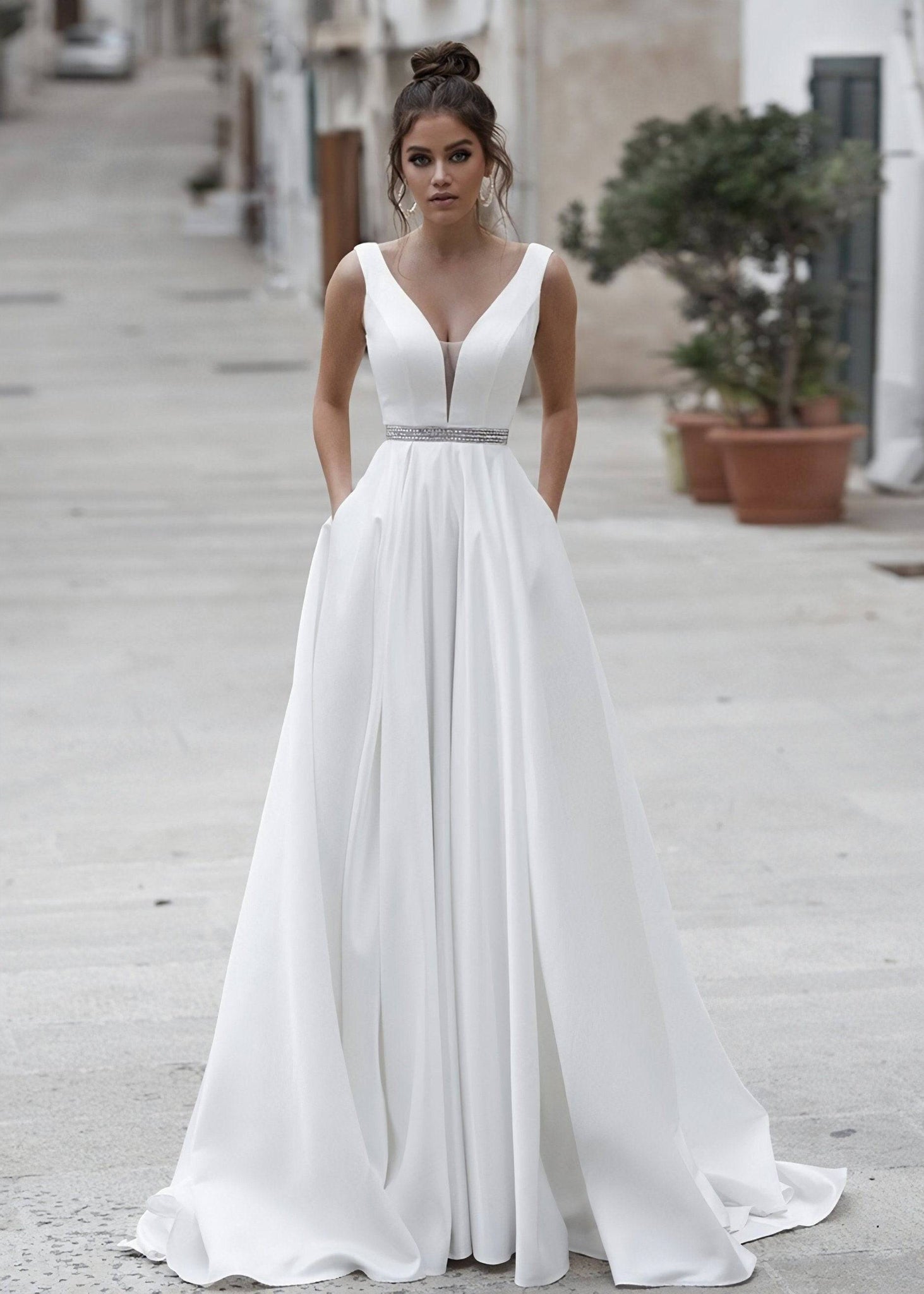 V-Neck Court Train Tulle Long Sleeve Key Hole Wedding Dress