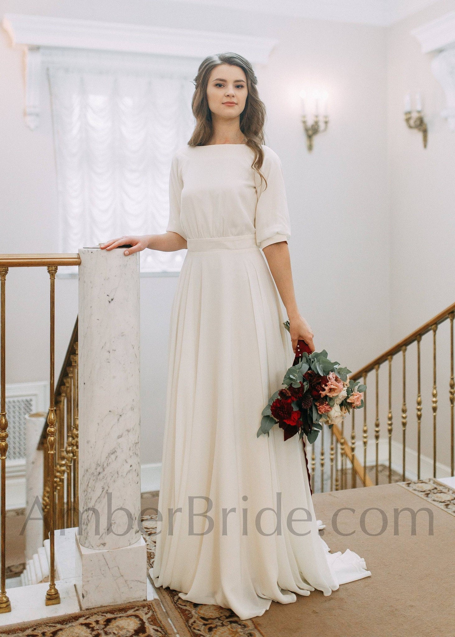 Simple A-line Two-piece Bateau Long Sleeves Lace Wedding Dresses, MW560