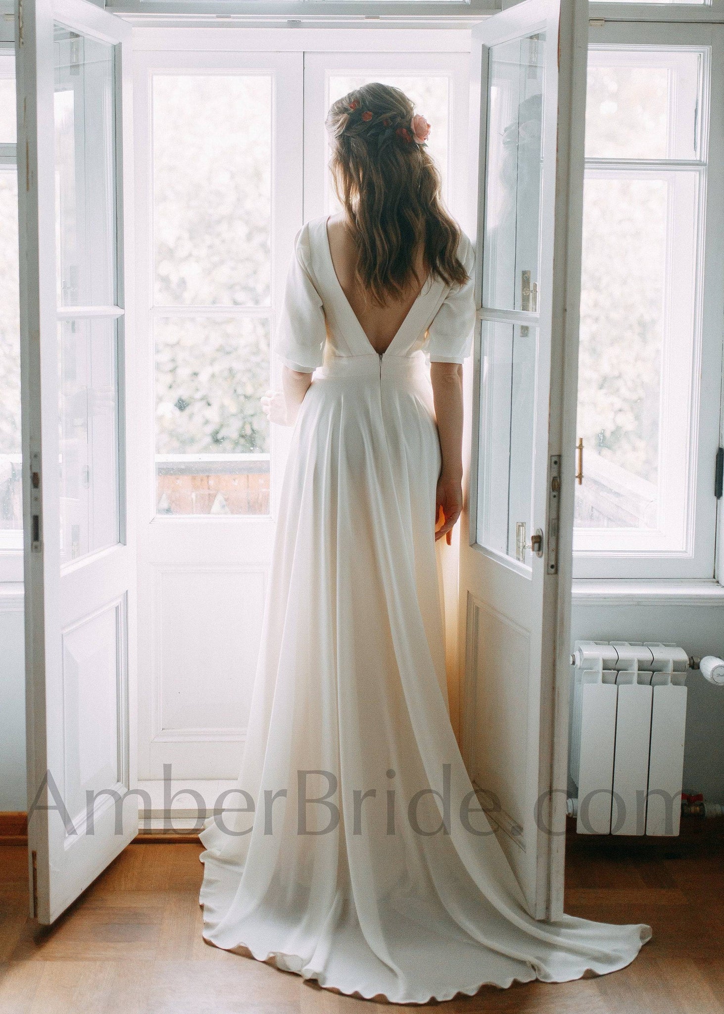 Simple A Line Half Sleeve Backless Crepe Wedding Dress - AmberBride