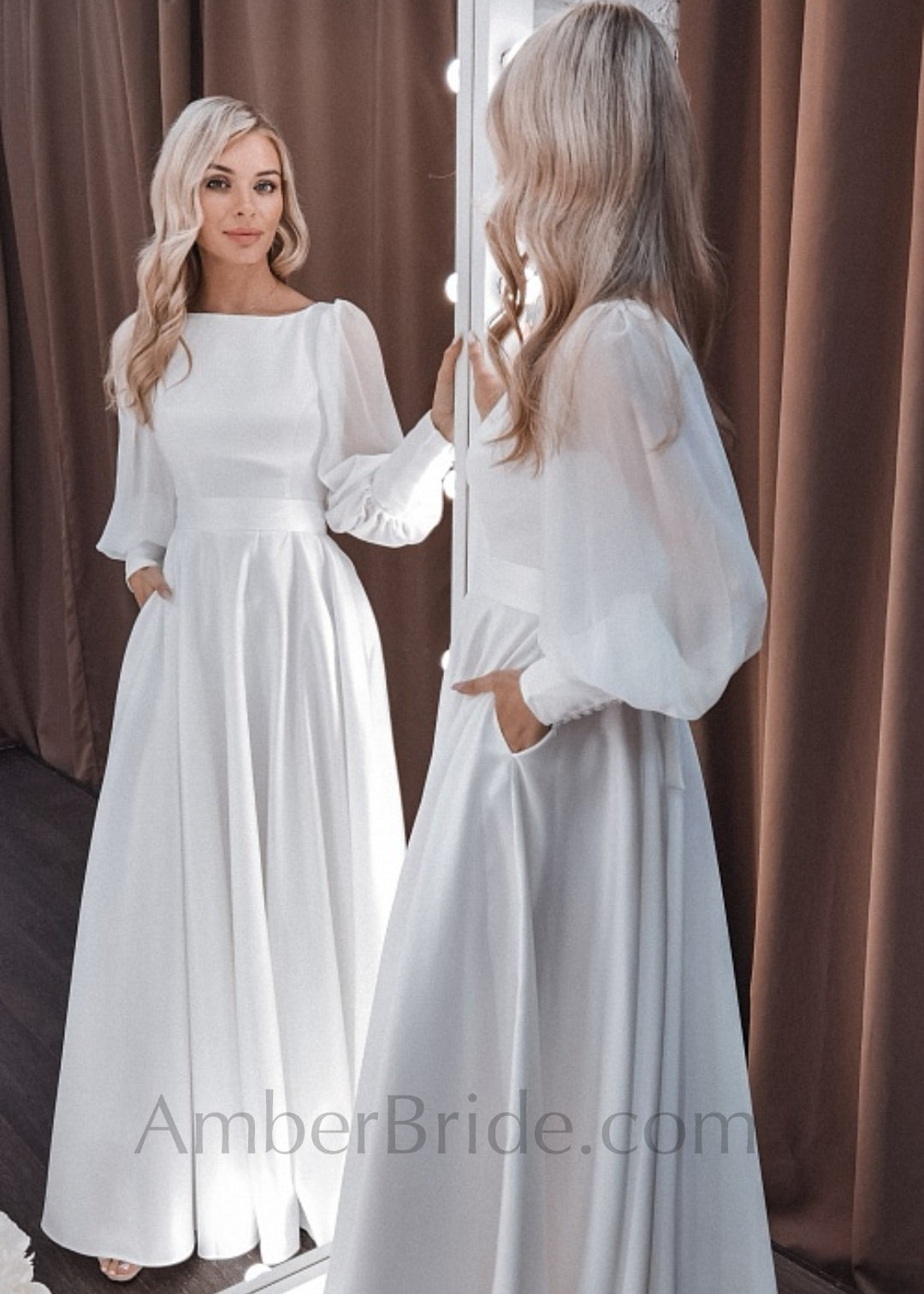 Minimalist A Line Satin Wedding Dress with Boat Neck and Bishop Sleeves