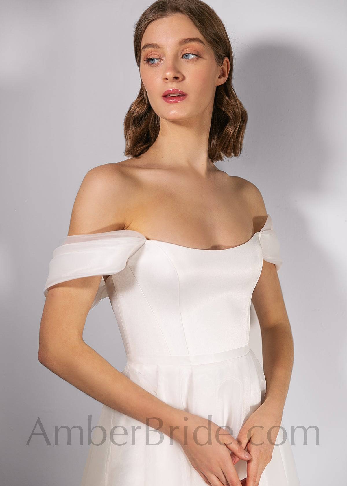 Simple A Line Corset Off The Shoulder Satin And Organza Wedding Dress - AmberBride