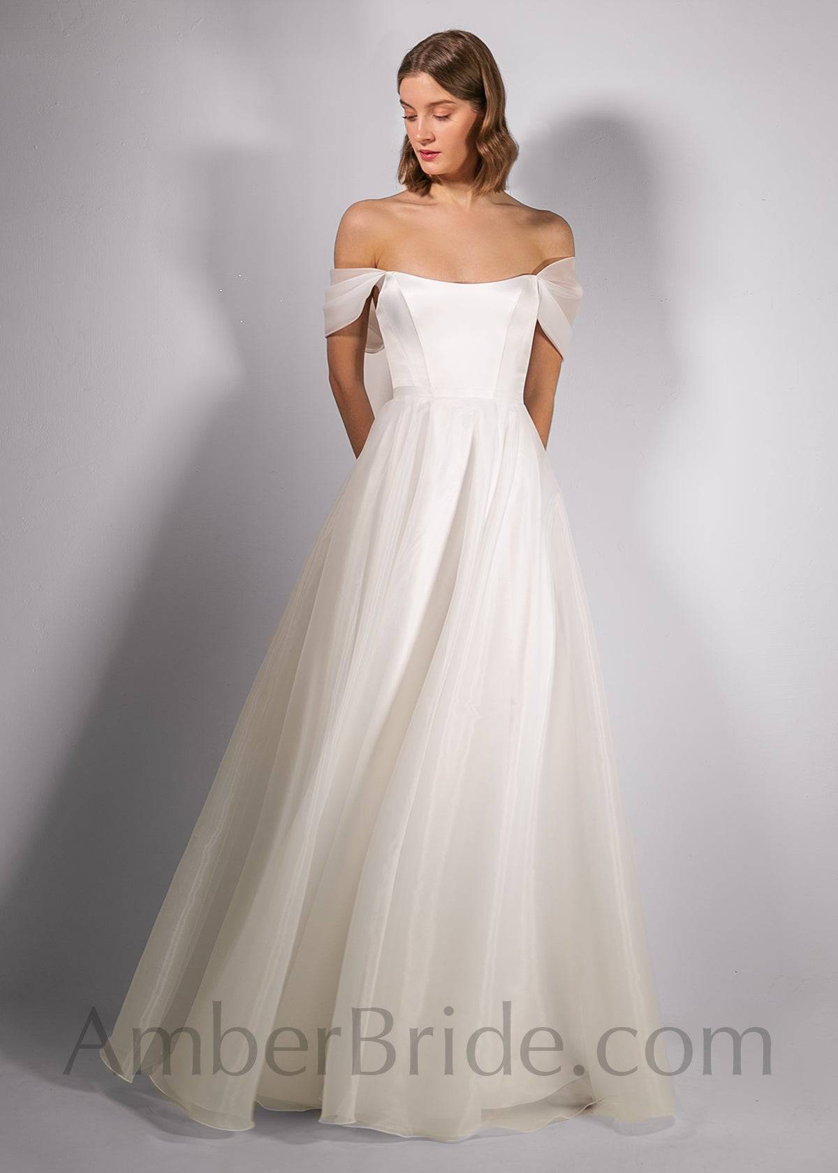 Simple A Line Corset Off The Shoulder Satin And Organza Wedding Dress - AmberBride