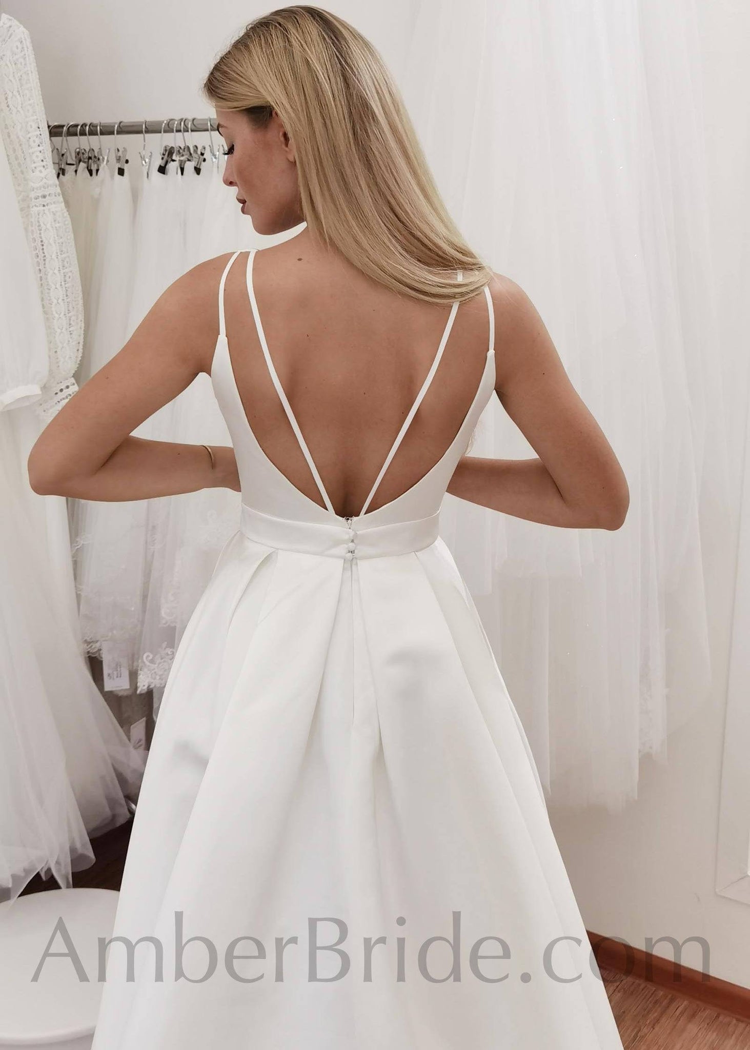 Simple A Line Deep-V Neck Backless Satin Wedding Dress - AmberBride
