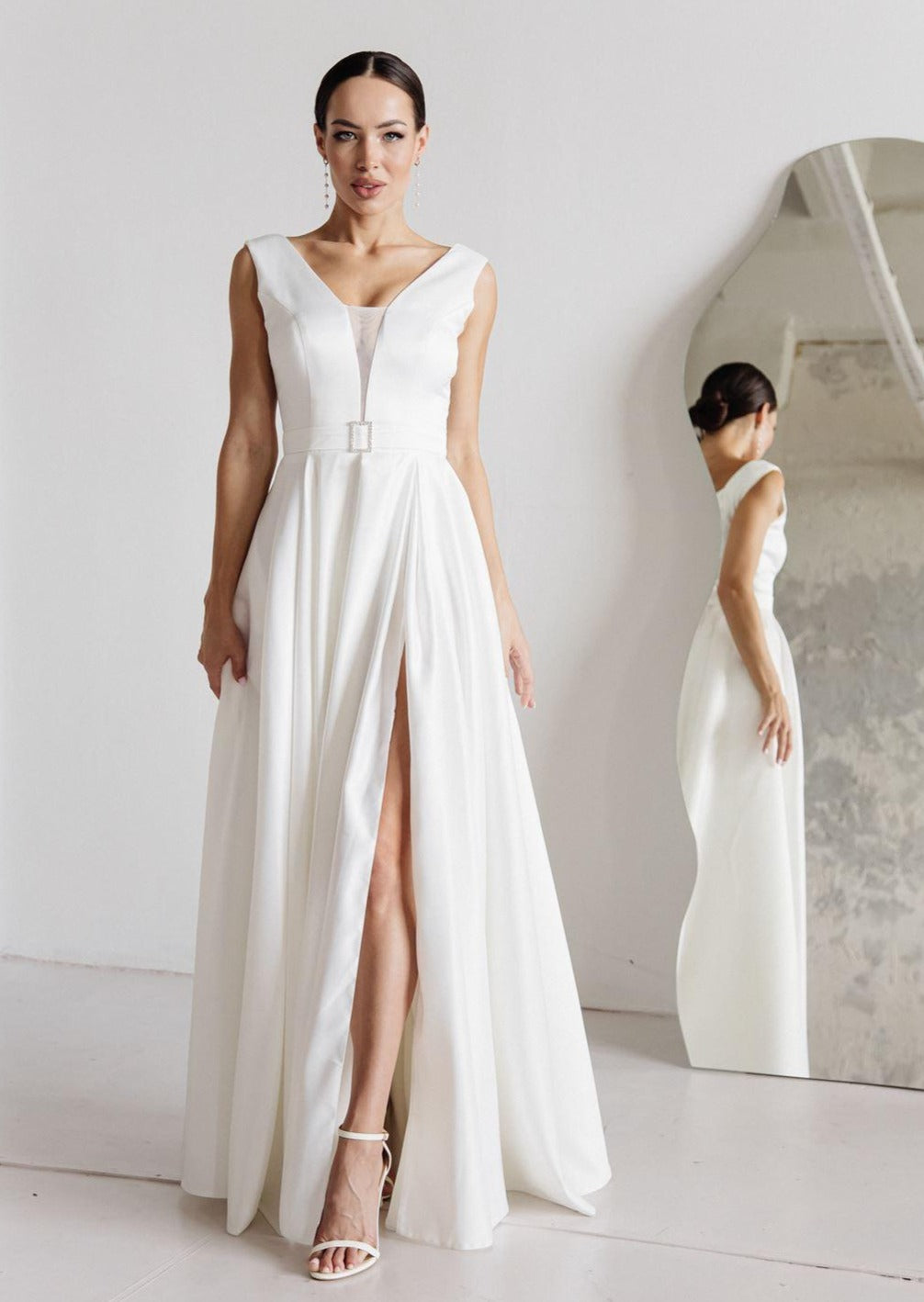 Simple A Line Deep V Neck High Slit Satin Wedding Dress - AmberBride