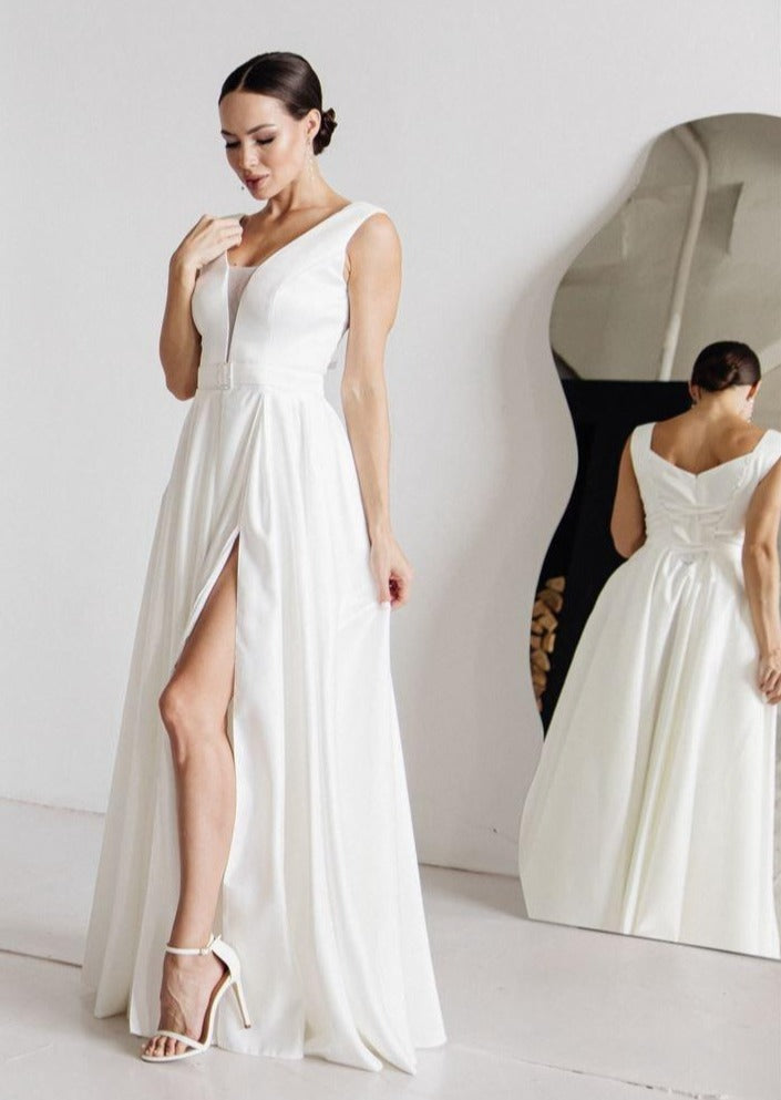 Simple A Line Deep V Neck High Slit Satin Wedding Dress - AmberBride
