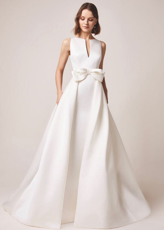 Simple A Line Keyhole Back Sleeveless Satin Wedding Dress - AmberBride
