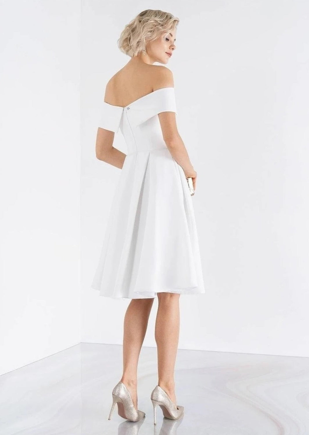 Simple A Line Knee Length Short Off The Shoulder Satin Wedding Dress - AmberBride