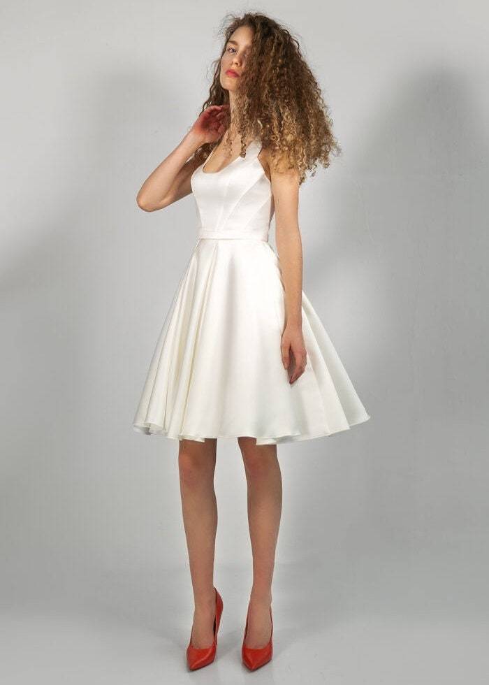 Simple A Line Knee Length Short Satin Corset Wedding Dress - AmberBride