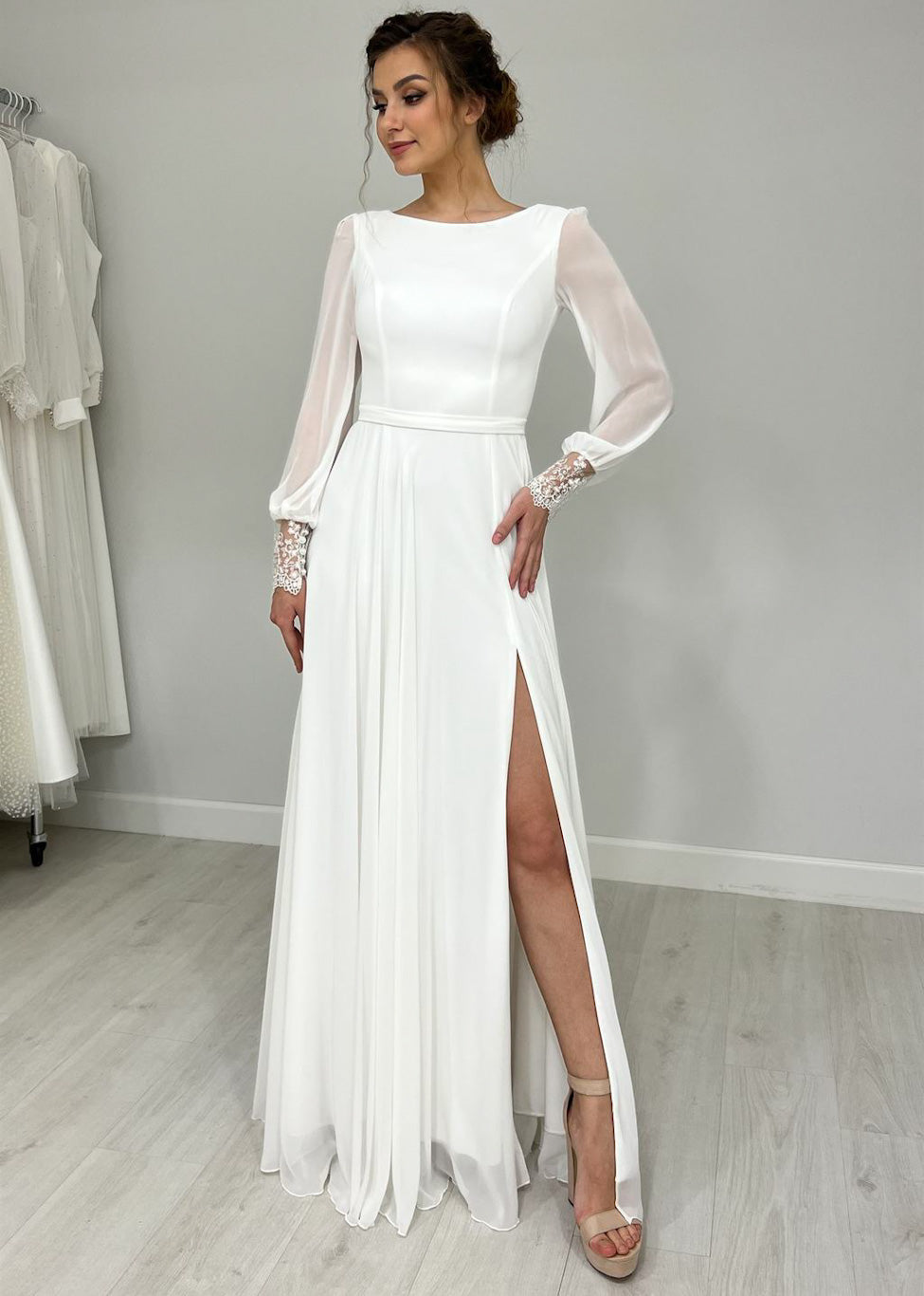 Simple A Line Long Puffy Sleeve Backless Chiffon Wedding Dress - AmberBride