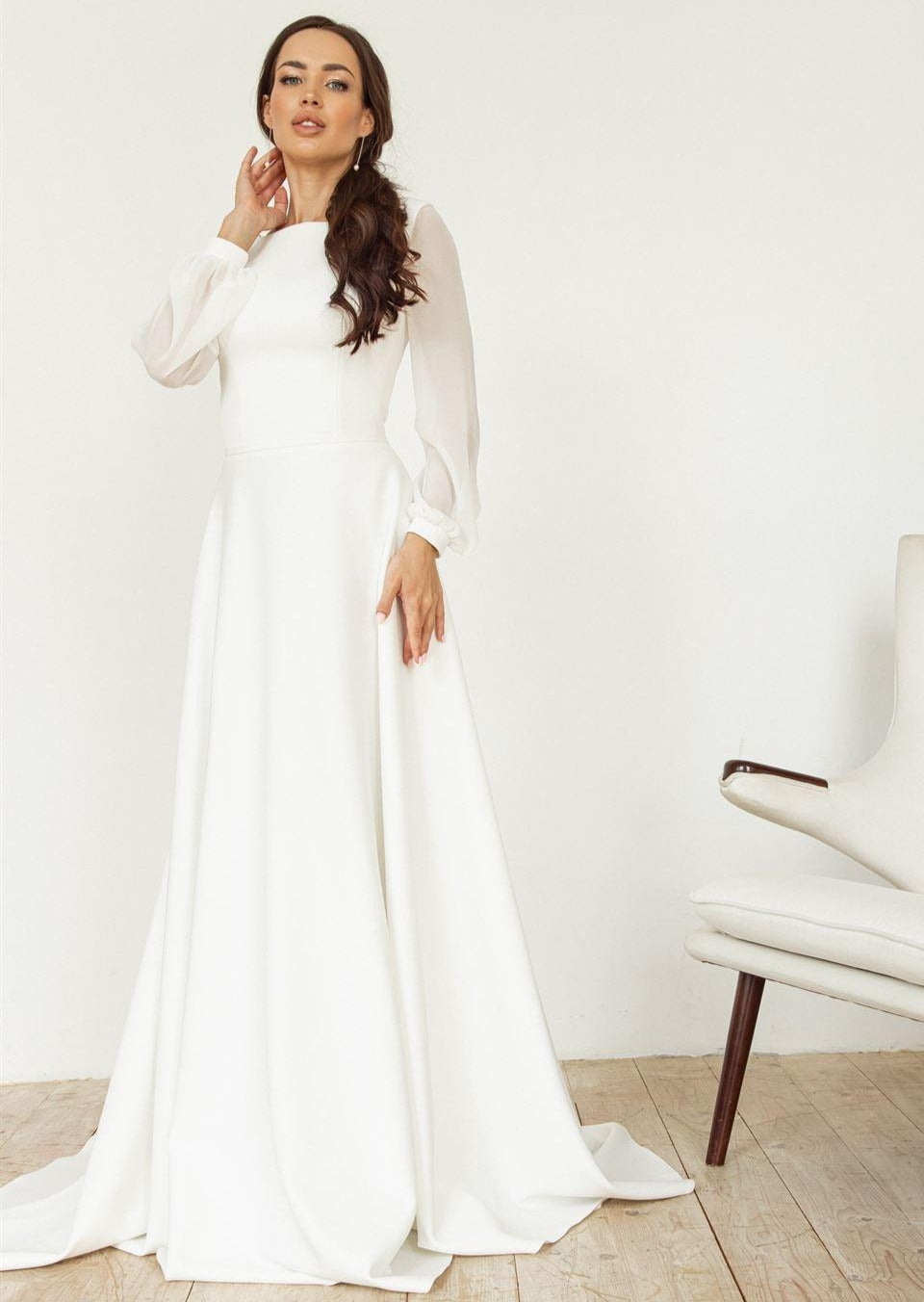 Simple A Line Long Puffy Sleeve Scoop Back Crepe Wedding Dress - AmberBride