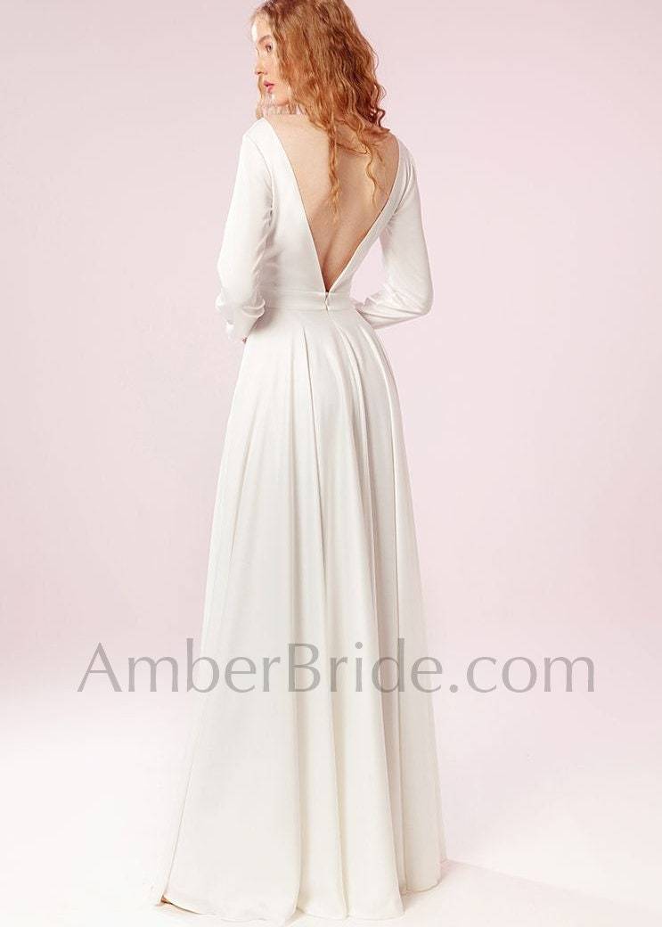 Simple A Line Long Sleeve Backless Crepe Wedding Dress - AmberBride