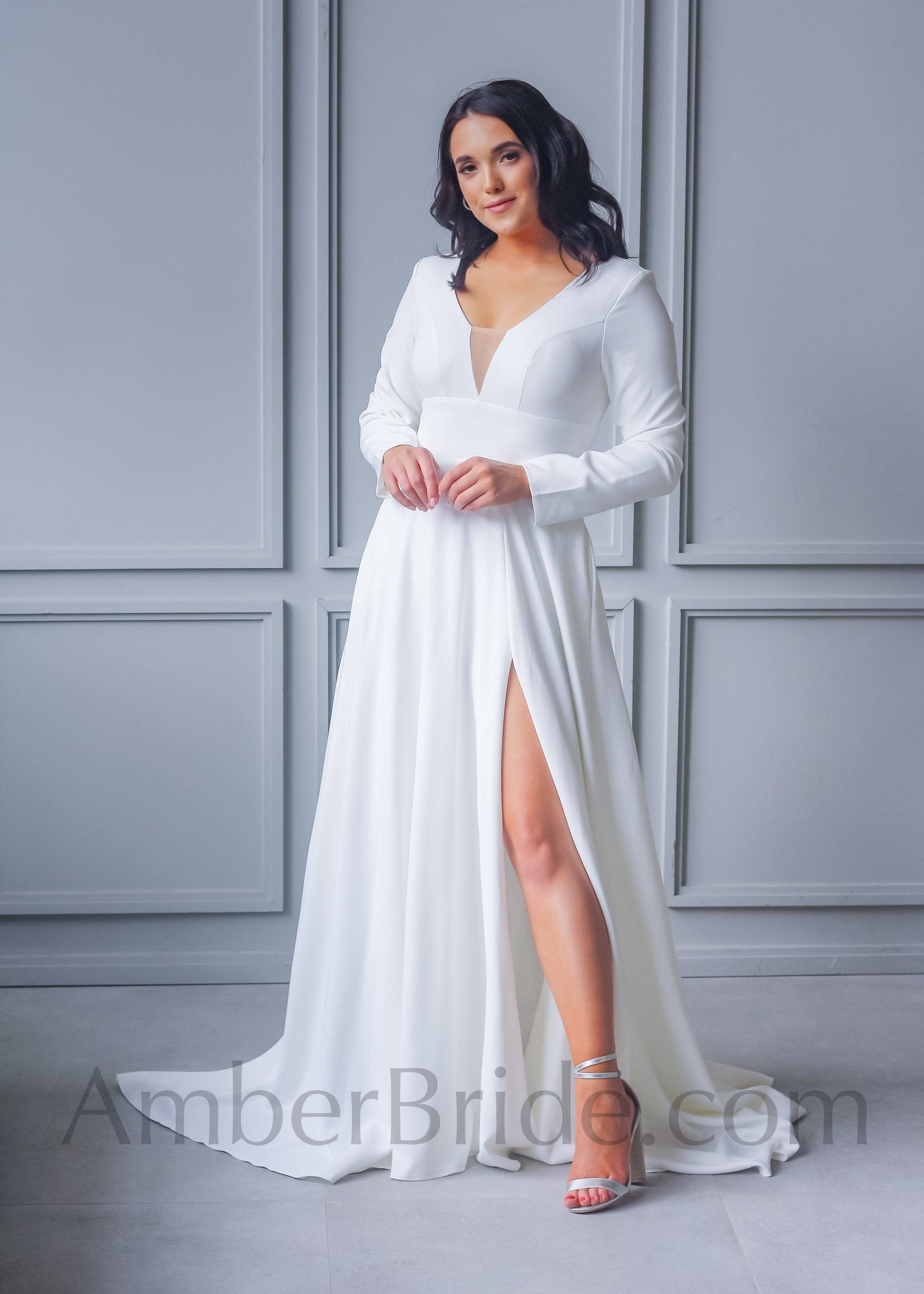 Simple A Line Long Sleeve Deep V-Neck Crepe Wedding Dress - AmberBride