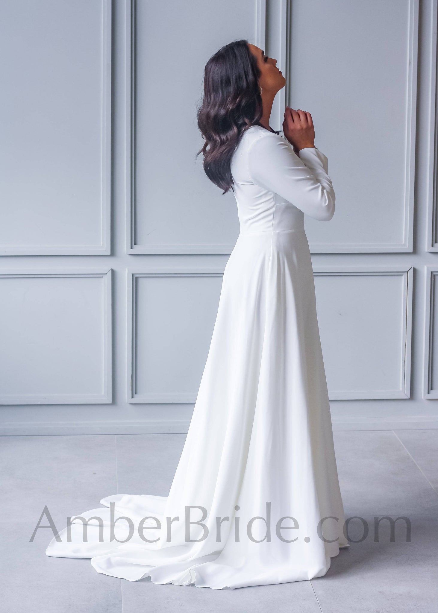 Simple A Line Long Sleeve Deep V-Neck Crepe Wedding Dress - AmberBride