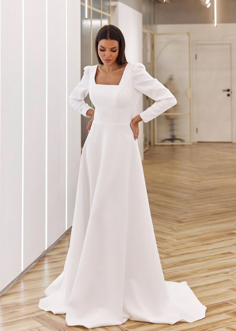 Simple A Line Long Sleeve Open Back Crepe Wedding Dress - AmberBride