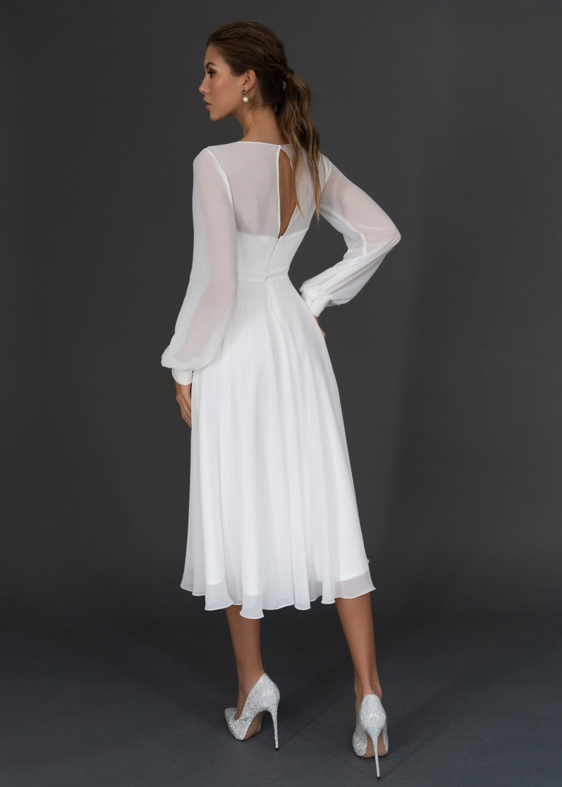 Simple A Line Long Sleeve Short Chiffon Wedding Dress - AmberBride