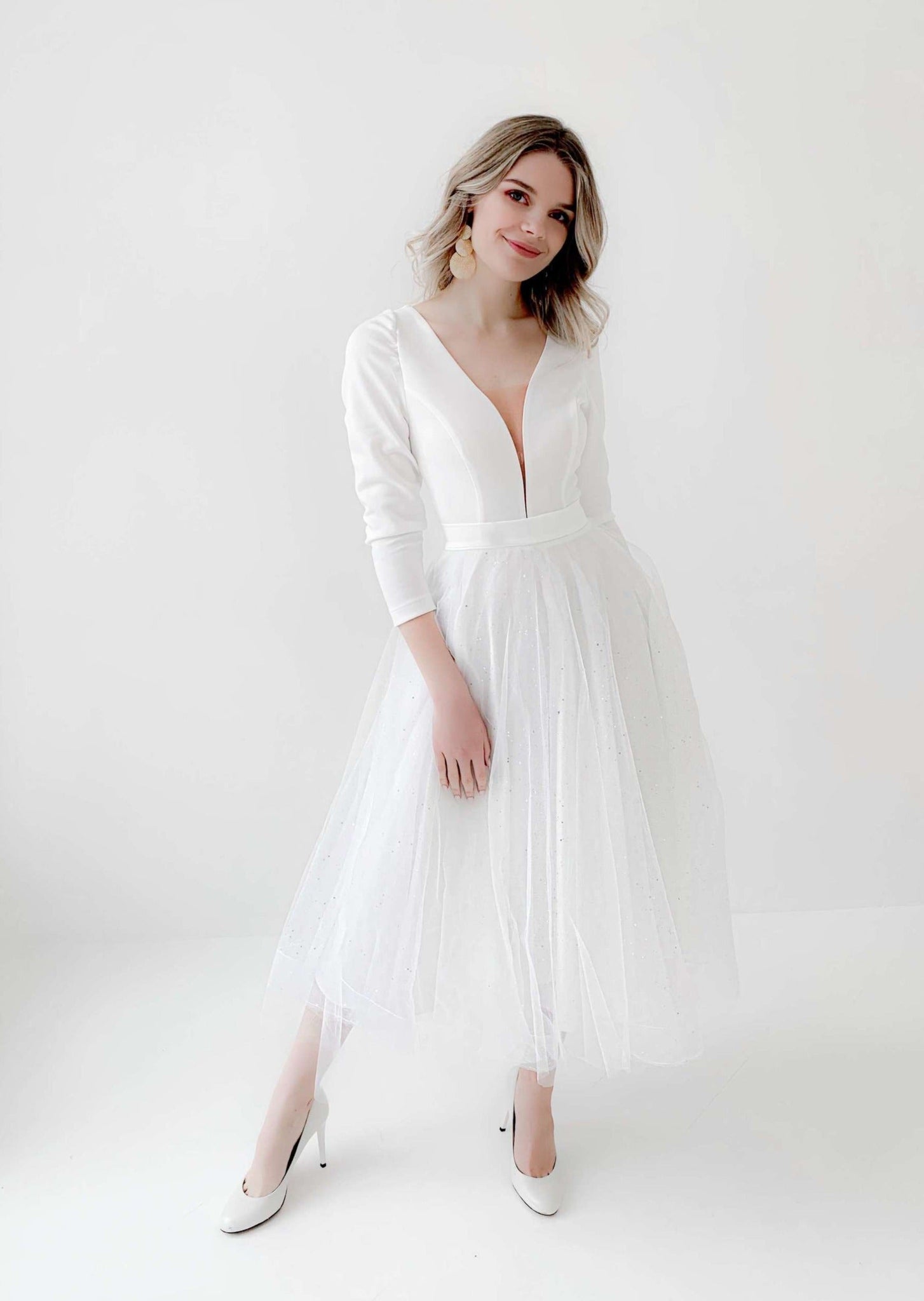 Simple A Line Long Sleeve Short Crepe And Tulle Wedding Dress - AmberBride