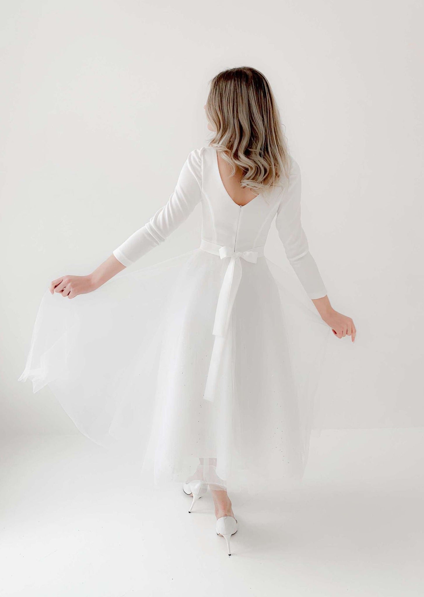 Simple A Line Long Sleeve Short Crepe And Tulle Wedding Dress - AmberBride
