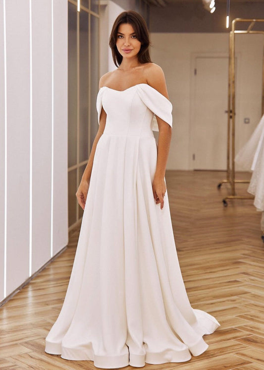 Simple A Line Off The Shoulder Corset Crepe Wedding Dress - AmberBride