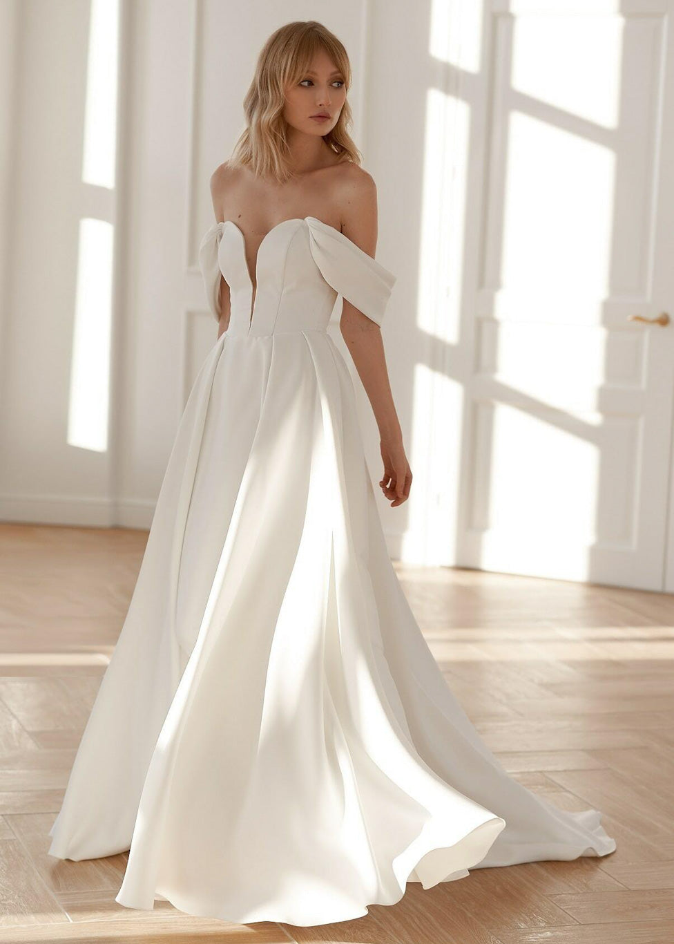 Simple A Line Off The Shoulder Deep V Neck Crepe Wedding Dress - AmberBride