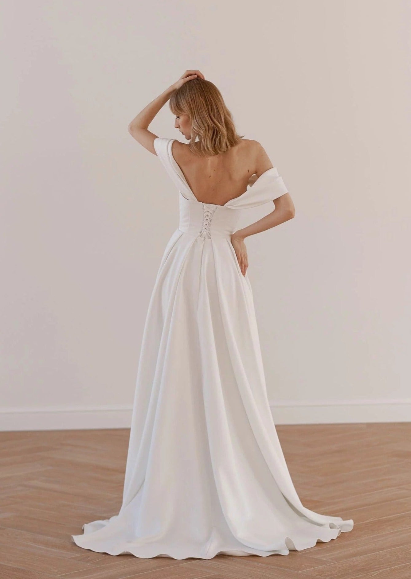 Simple A Line Off The Shoulder Deep V Neck Crepe Wedding Dress - AmberBride