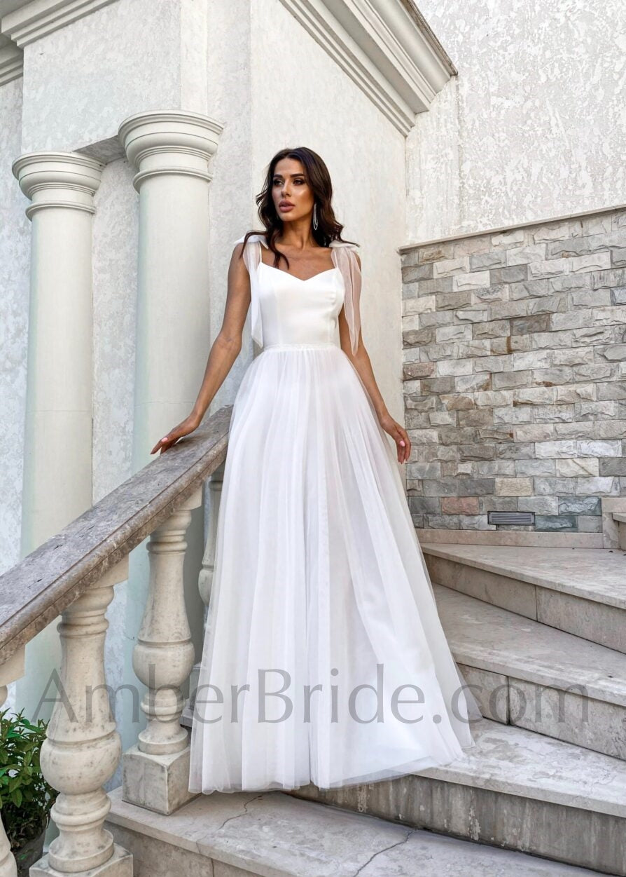 Simple A Line Spaghetti Straps Satin And Tulle Wedding Dress - AmberBride