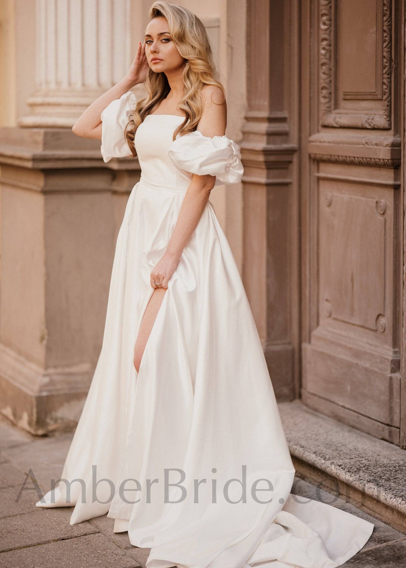 Simple A Line Strapless High Slit Satin Wedding Dress - AmberBride