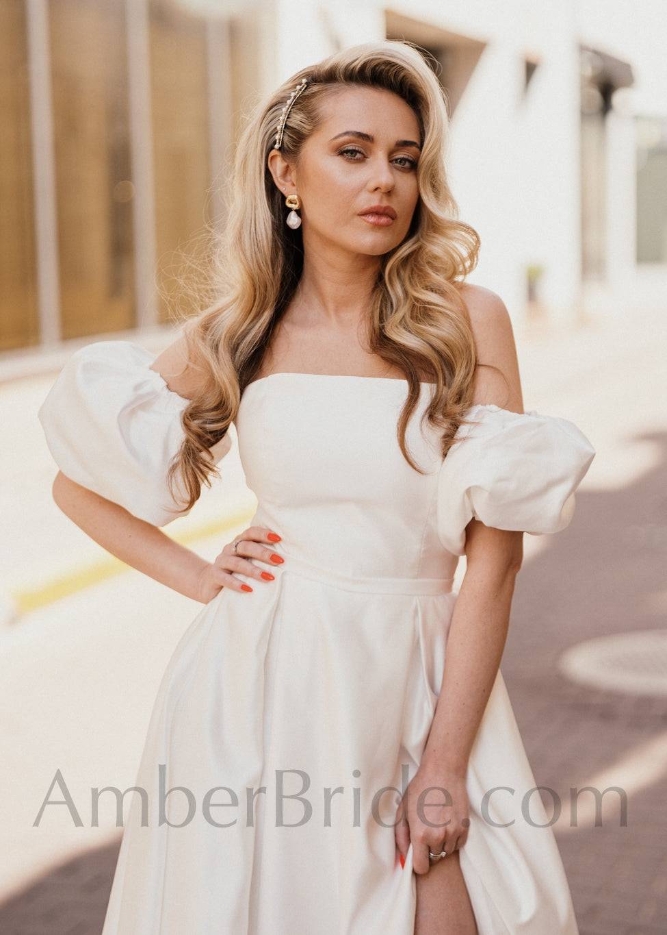 Simple A Line Strapless High Slit Satin Wedding Dress - AmberBride
