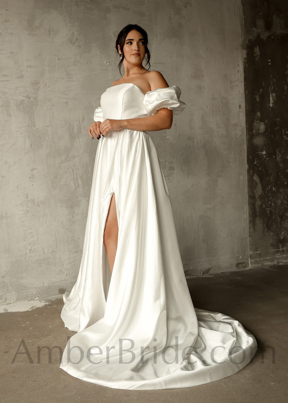 Simple A Line Strapless Slit Satin Wedding Dress - AmberBride