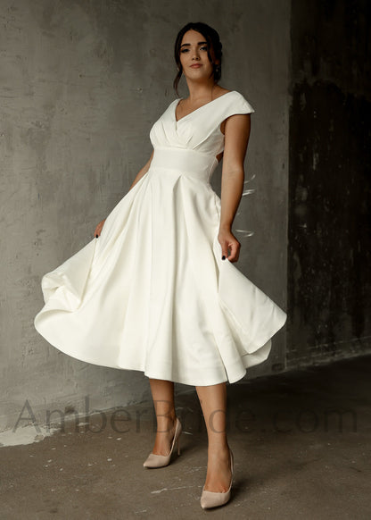 Simple A Line Tea Length Backless Short Crepe Wedding Dress - AmberBride