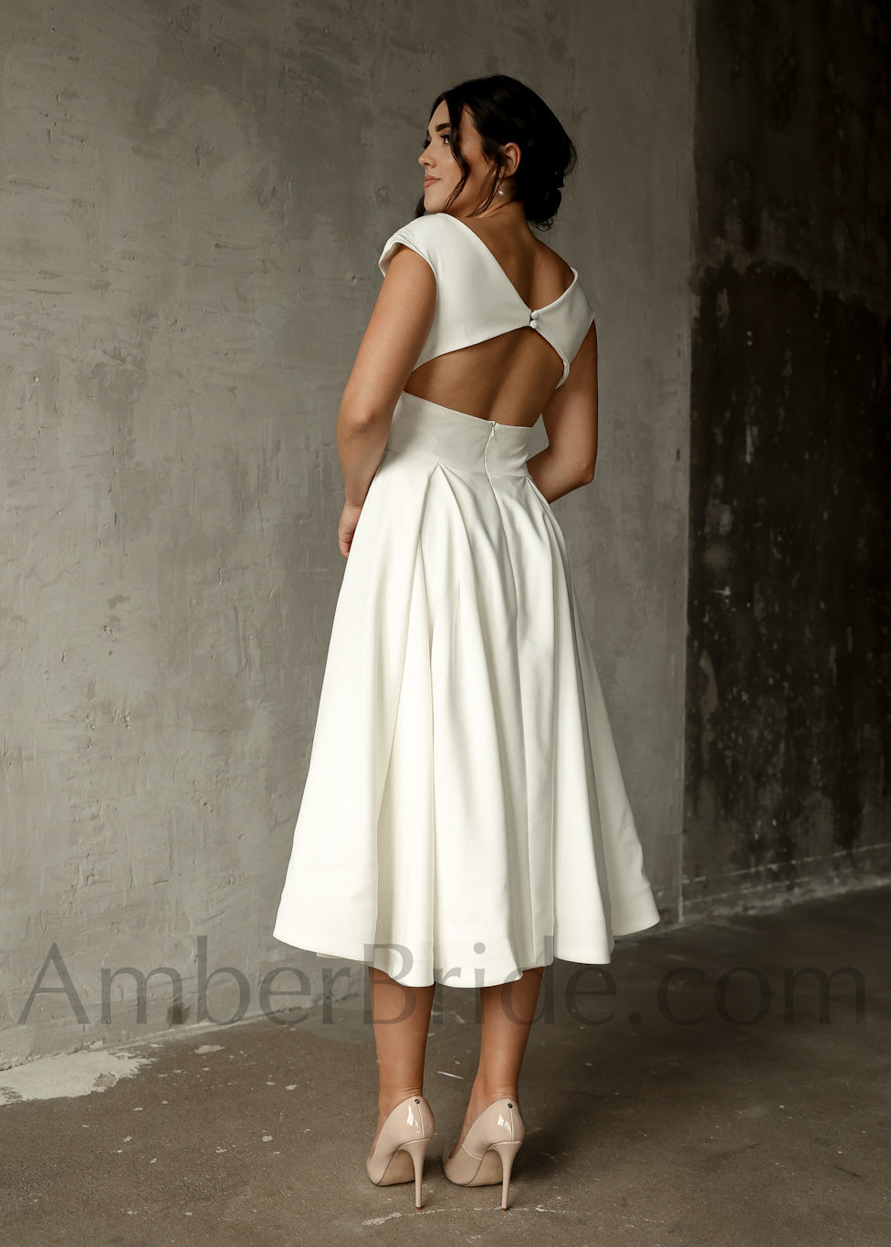 A Line Tea Length Short Wedding Dress with Cap Sleeves Open Back