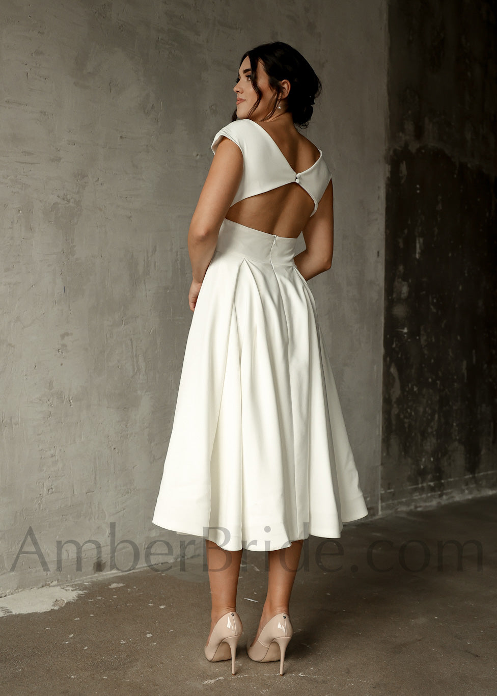 Simple A Line Tea Length Backless Short Crepe Wedding Dress - AmberBride
