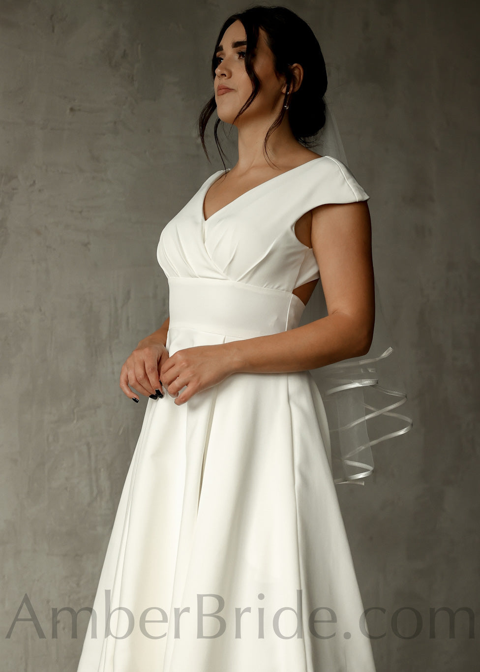 Simple A Line Tea Length Backless Short Crepe Wedding Dress - AmberBride