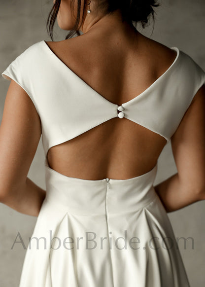 Simple A Line Tea Length Backless Short Crepe Wedding Dress - AmberBride