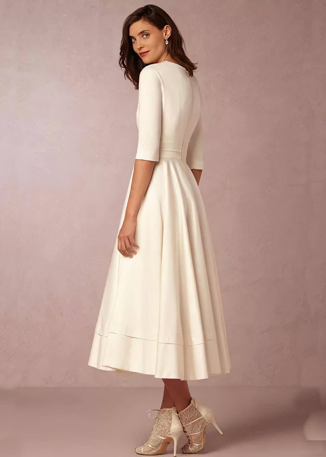 Simple A Line Tea Length Half Sleeve Short Satin Wedding Dress - AmberBride