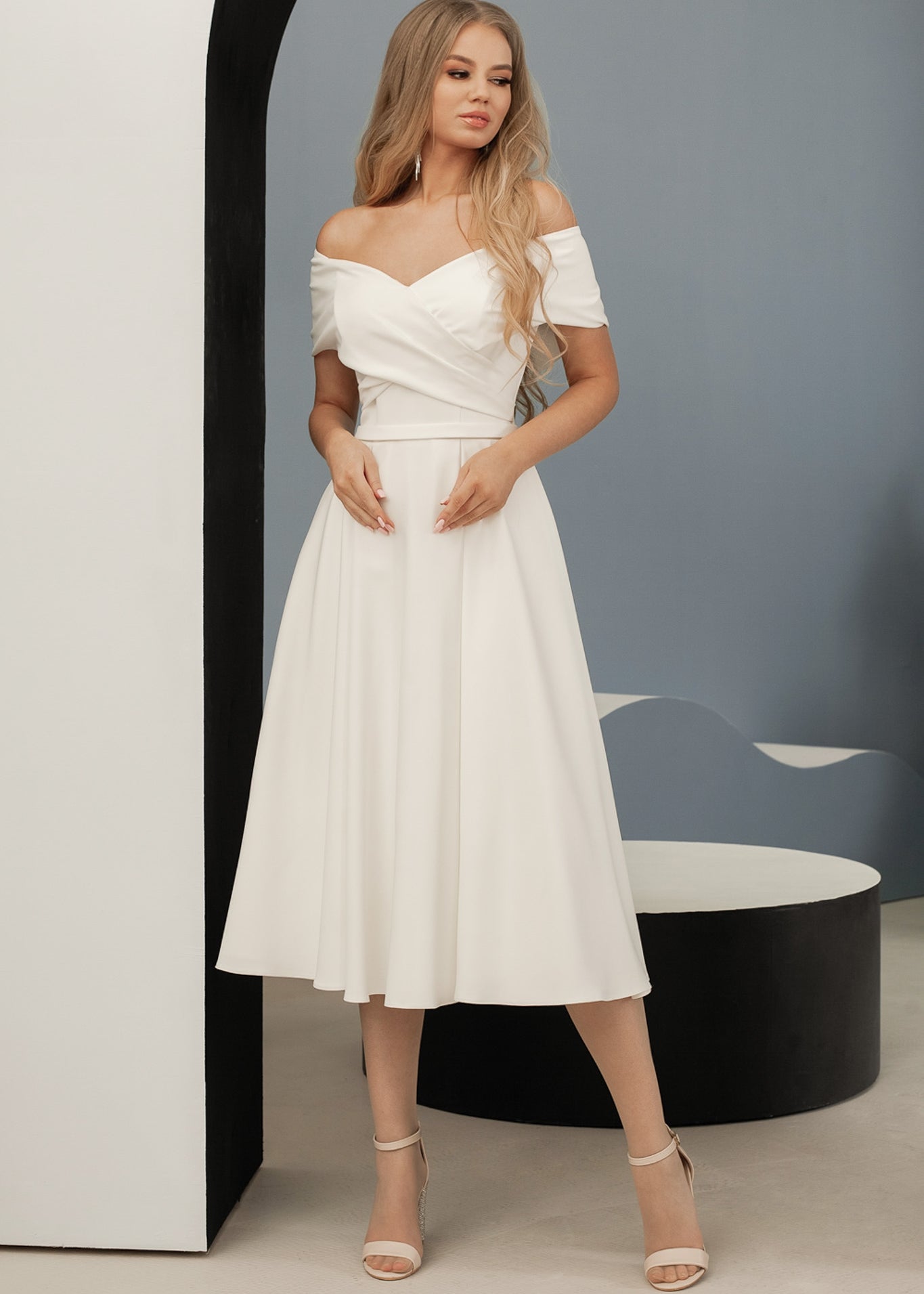 Simple A Line Tea Length Off The Shoulder Satin Short Wedding Dress - AmberBride