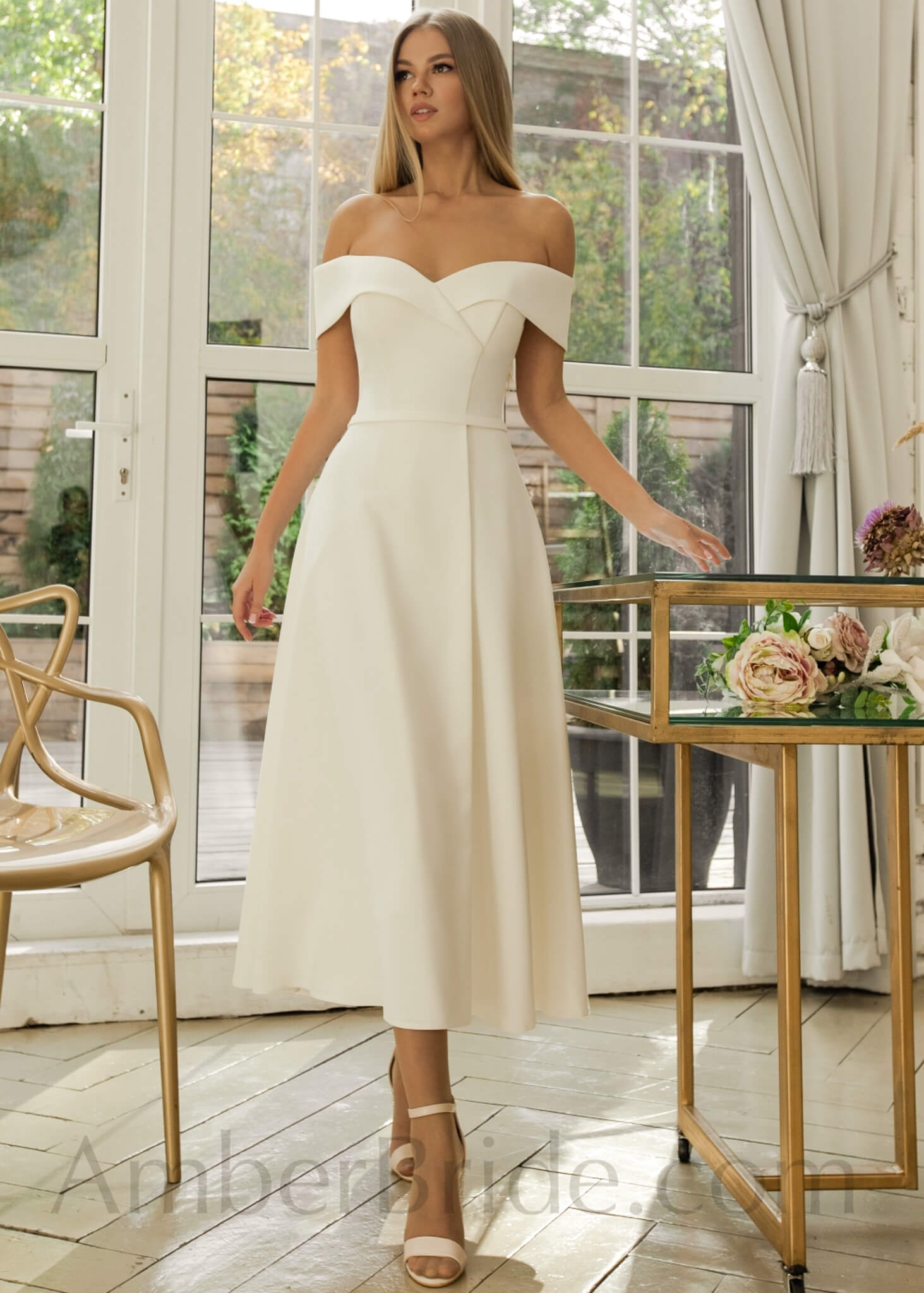 Simple A Line Tea Length Short Off The Shoulder Crepe Wedding Dress - AmberBride