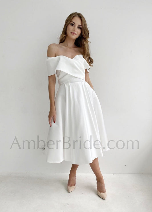 Simple A Line Tea Length Short Off The Shoulder Satin Wedding Dress - AmberBride