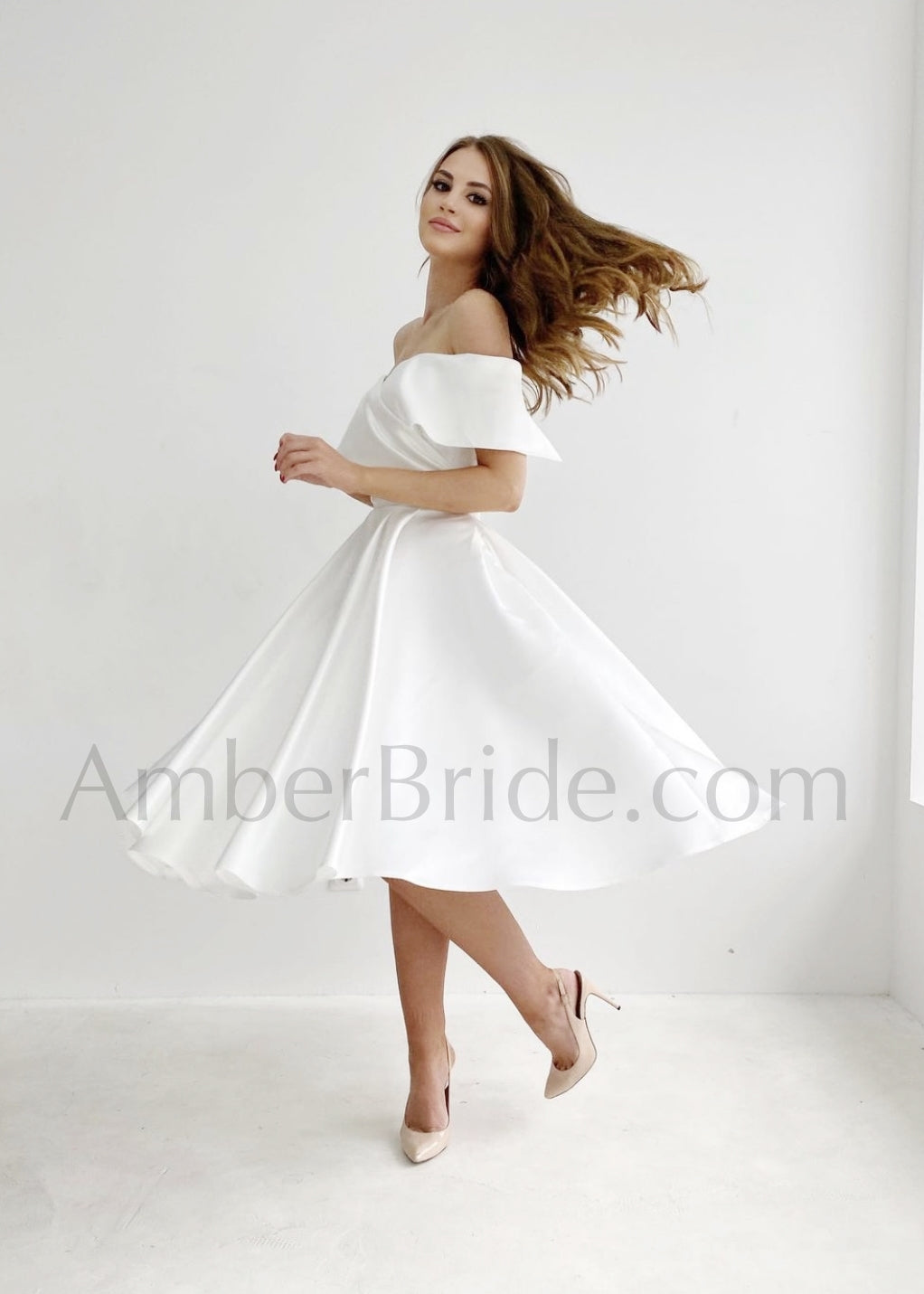 Simple A Line Tea Length Short Off The Shoulder Satin Wedding Dress - AmberBride