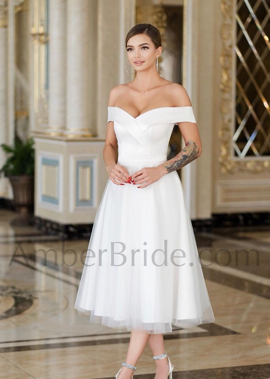 Simple A Line Tea Length Short Satin And Tulle Wedding Dress - AmberBride