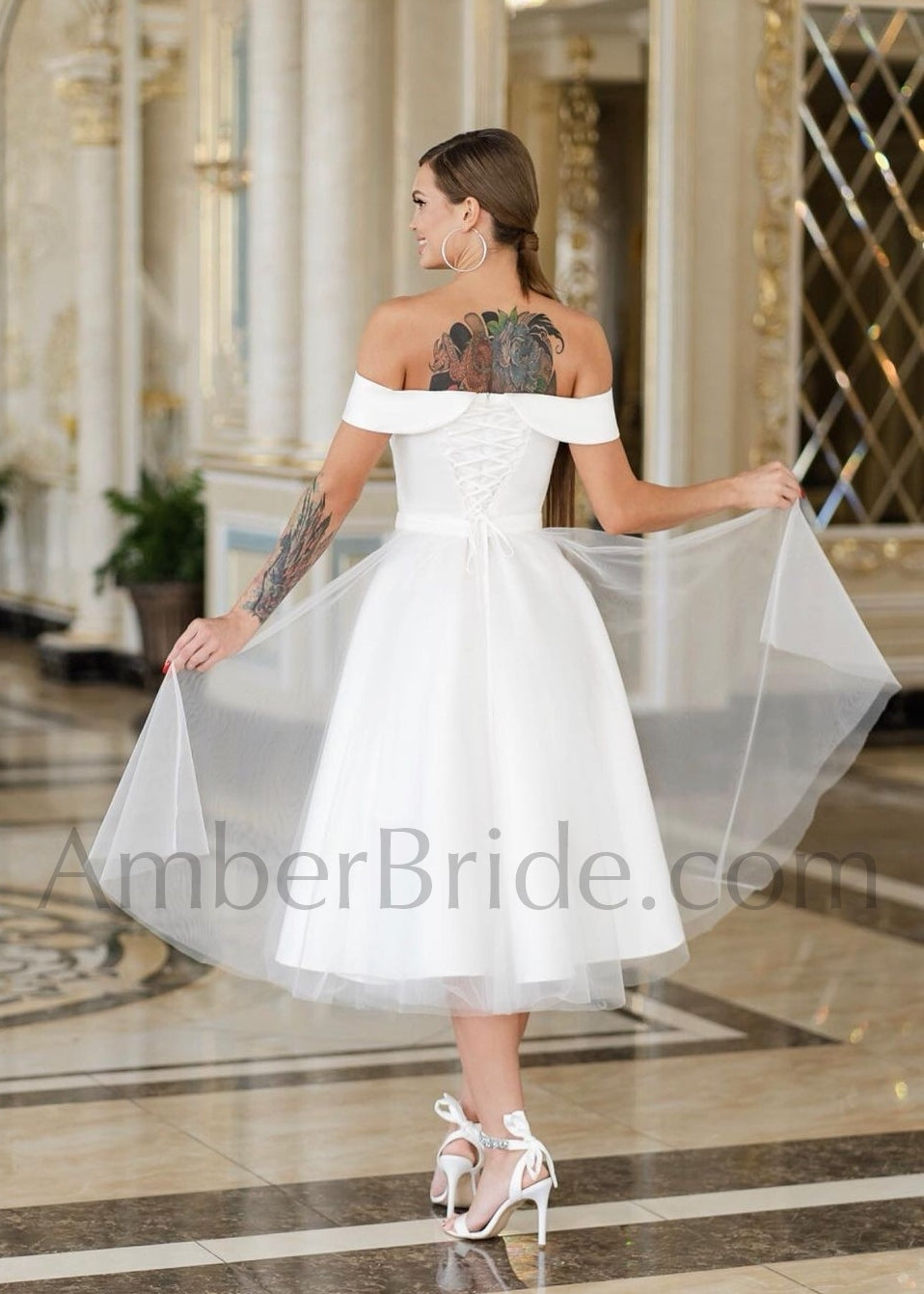 Simple A Line Tea Length Short Satin And Tulle Wedding Dress - AmberBride