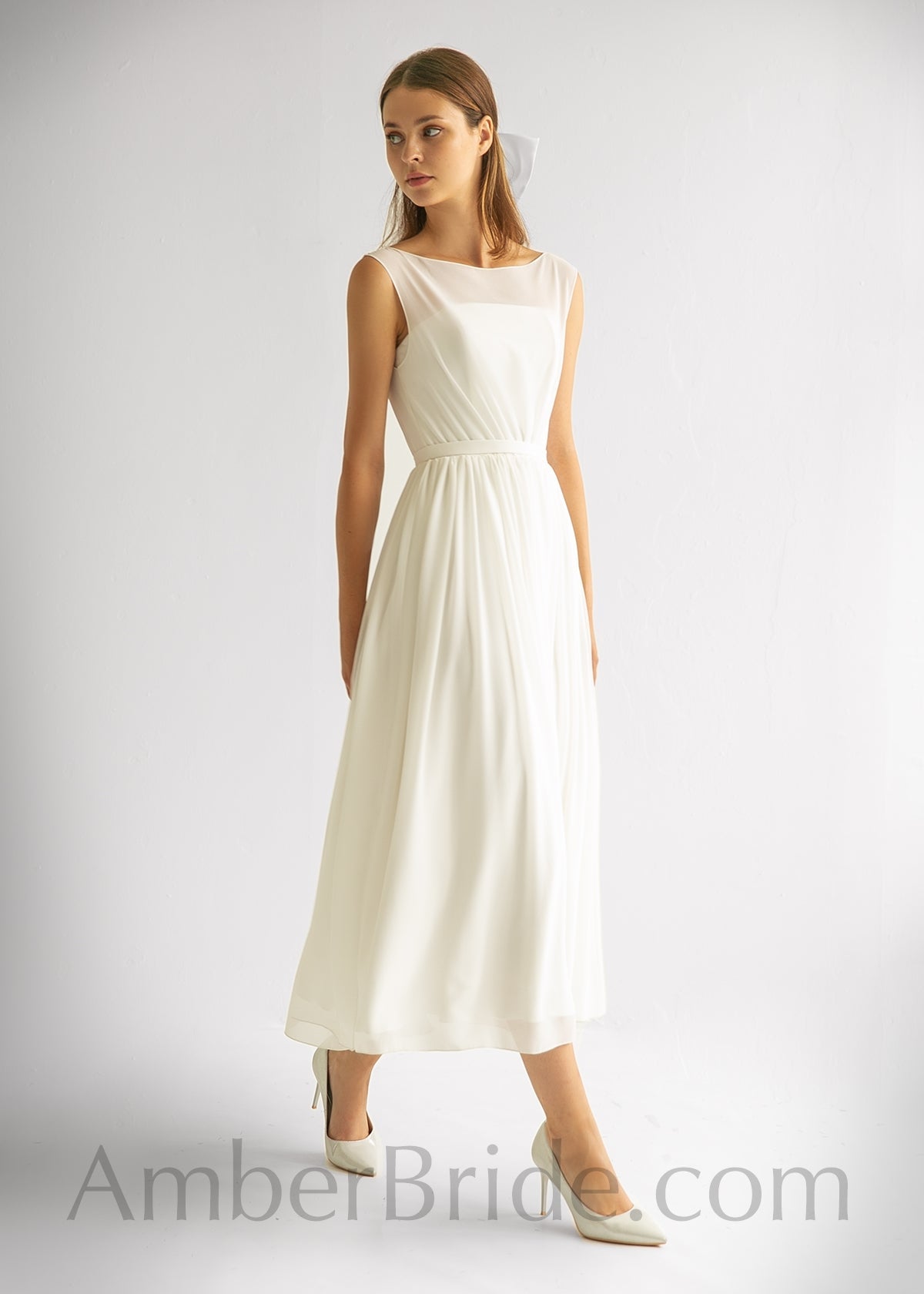 Simple A Line Tea Length Short Sleeveless Chiffon Wedding Dress - AmberBride