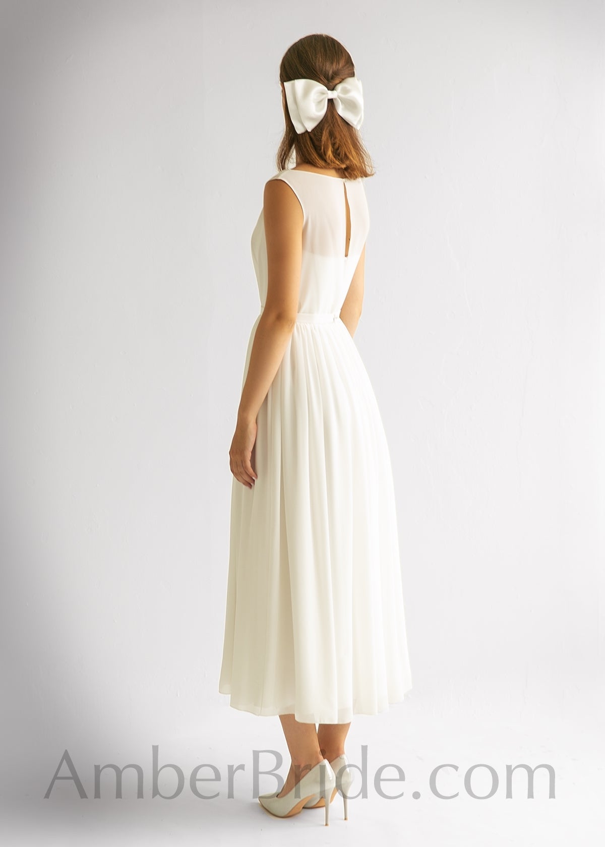 Simple A Line Tea Length Short Sleeveless Chiffon Wedding Dress - AmberBride