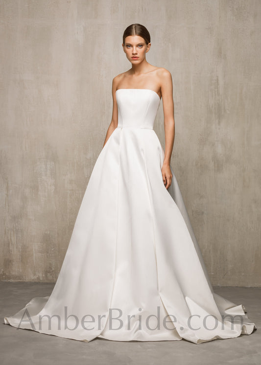 Simple Ball Gown Backless Strapless Satin Wedding Dress - AmberBride