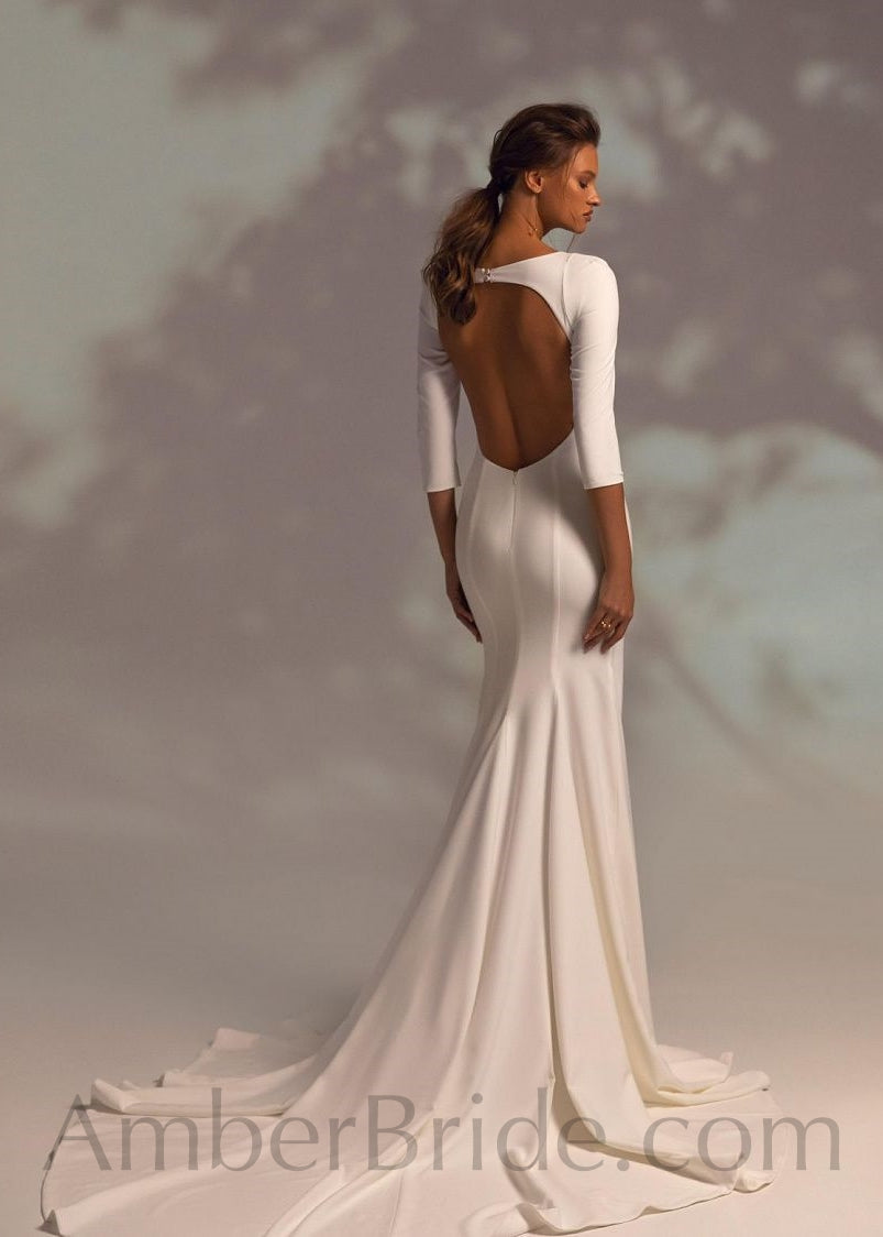 Simple Mermaid 3/4 Sleeve Backless Crepe Wedding Dress - AmberBride