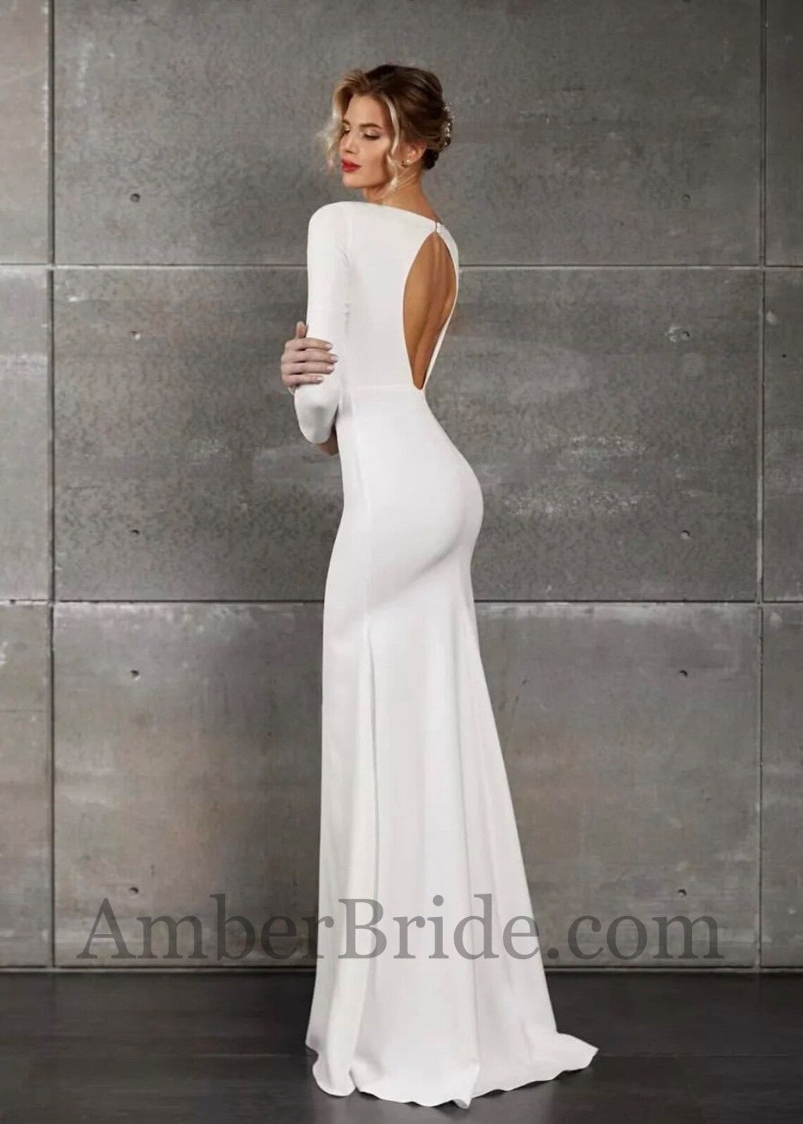 Simple Mermaid Long Sleeve Backless Crepe Wedding Dress - AmberBride